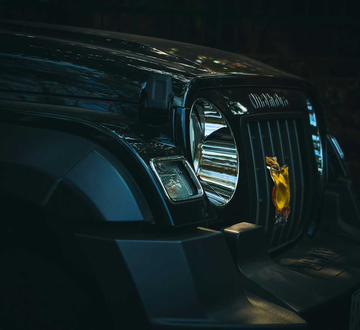 a close up of the front of a black truck