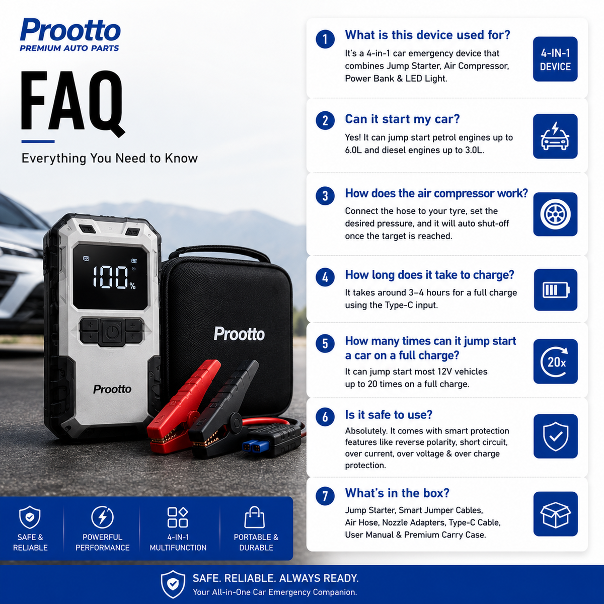Prootto 2-in-1 Portable Tyre Inflator & Jump Starter