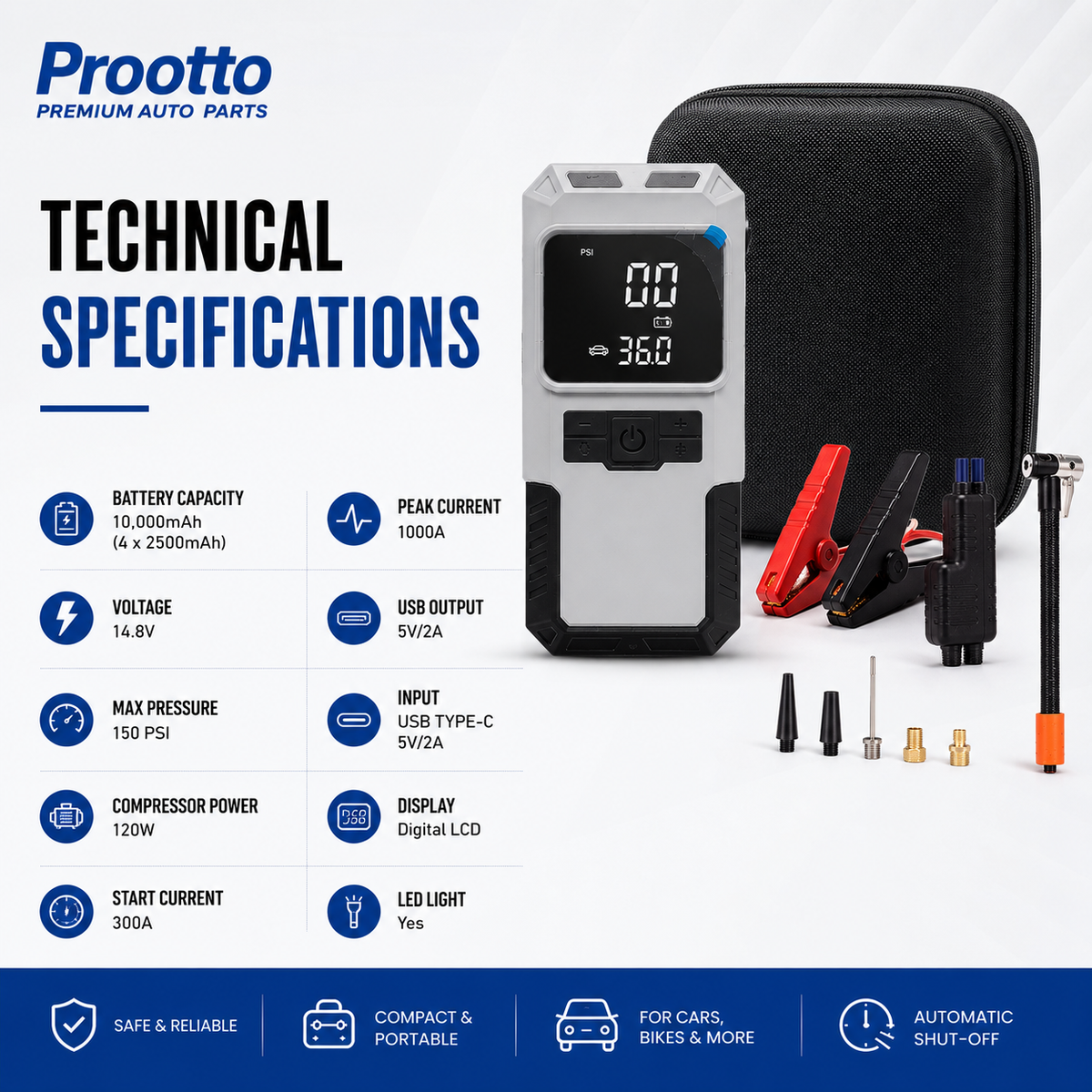 Prootto 2-in-1 Portable Tyre Inflator & Jump Starter