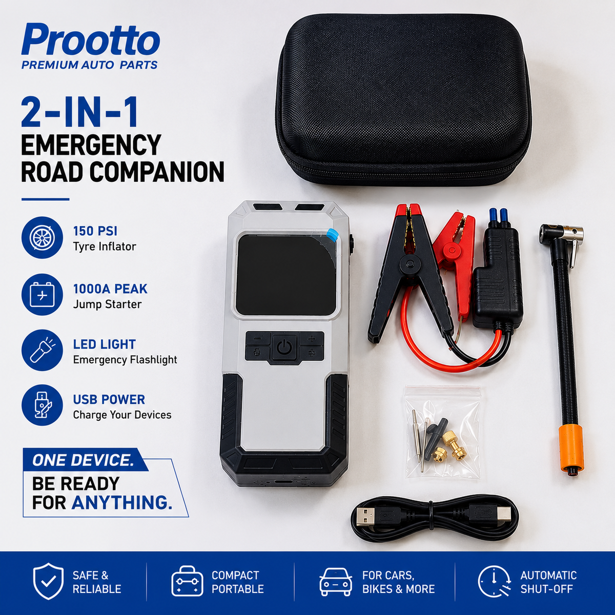 Prootto 2-in-1 Portable Tyre Inflator & Jump Starter