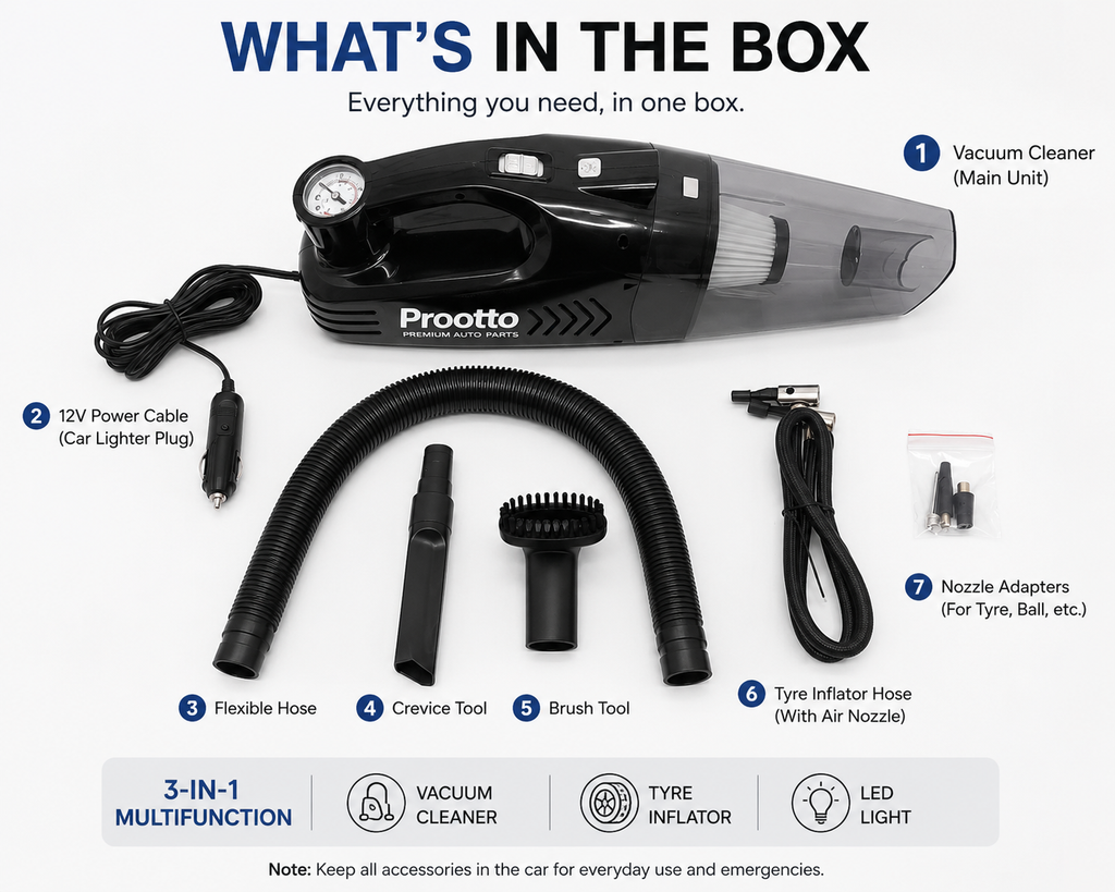 Prootto 3-in-1 Car Vacuum Cleaner with Tyre Inflator & LED Light | 12V DC, 5500Pa, 100W