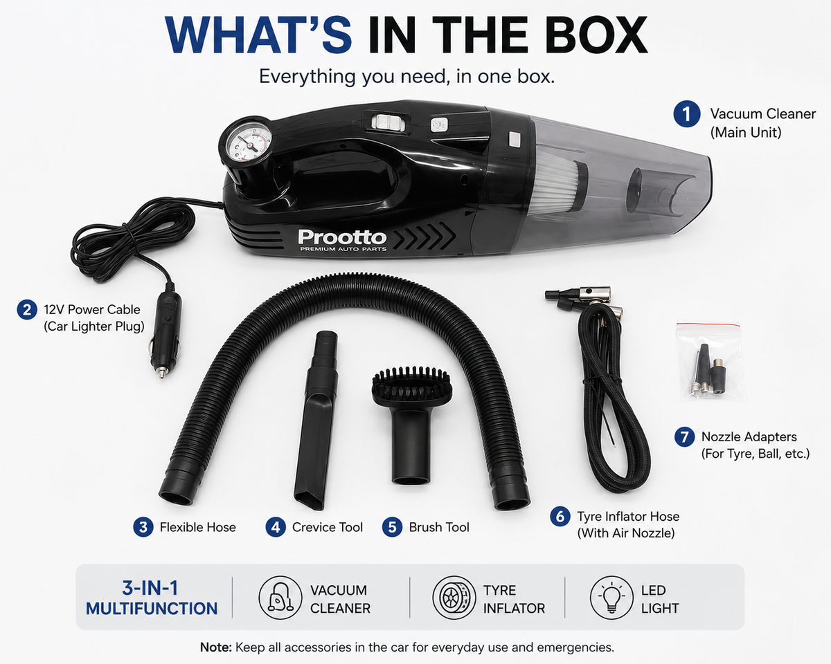 Prootto 3-in-1 Car Vacuum Cleaner with Tyre Inflator & LED Light | 12V DC, 5500Pa, 100W