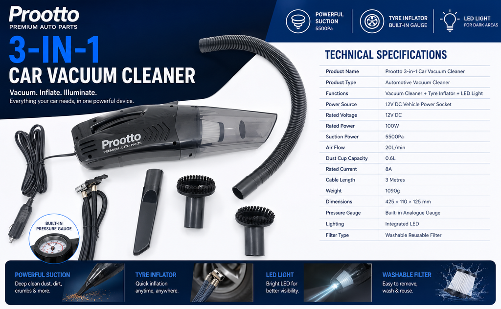 Prootto 3-in-1 Car Vacuum Cleaner with Tyre Inflator & LED Light | 12V DC, 5500Pa, 100W