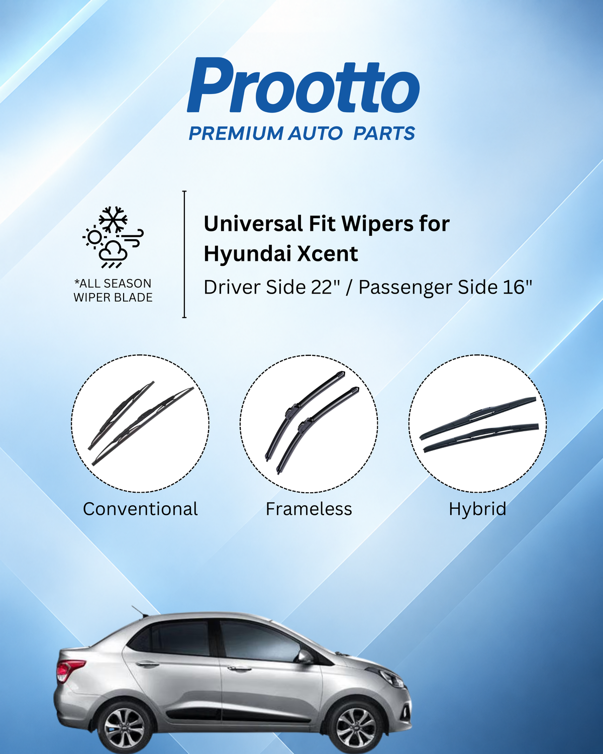 Hyundai Xcent Wiper Blades (2014–2020) – 22" + 16" Set of 2