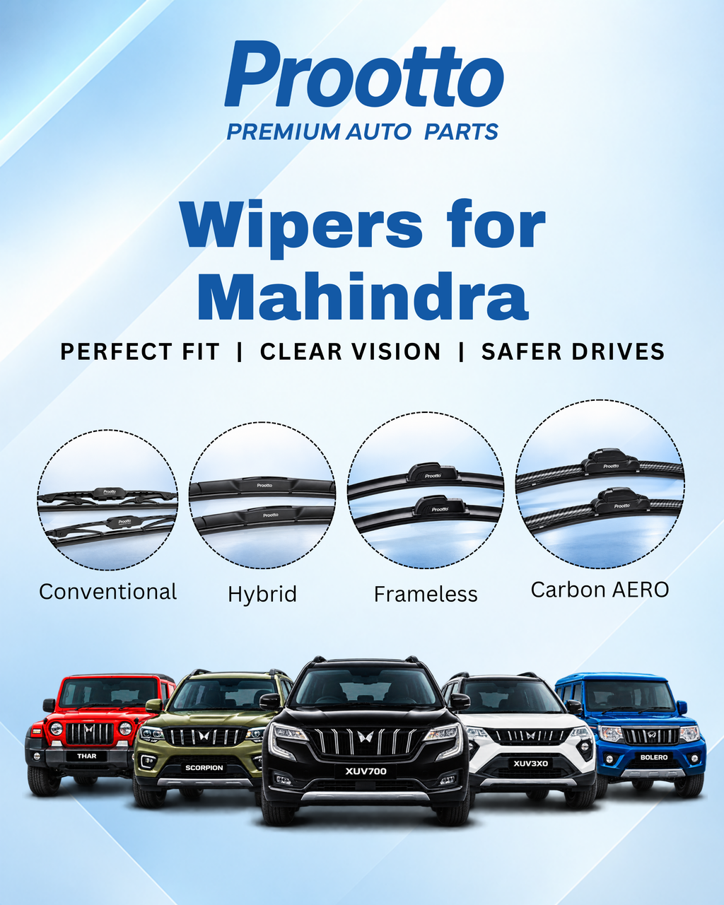 Promotional graphic for Prootto Wipers for Mahindra, showing blue and white branding, four circular close-ups of wiper blades labeled Conventional, Hybrid, Frameless, and Carbon AERO, and a row of Mahindra SUVs at the bottom.