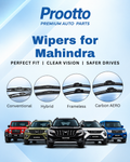 Promotional graphic for Prootto Wipers for Mahindra, showing blue and white branding, four circular close-ups of wiper blades labeled Conventional, Hybrid, Frameless, and Carbon AERO, and a row of Mahindra SUVs at the bottom.