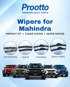Promotional graphic for Prootto Wipers for Mahindra, showing blue and white branding, four circular close-ups of wiper blades labeled Conventional, Hybrid, Frameless, and Carbon AERO, and a row of Mahindra SUVs at the bottom.